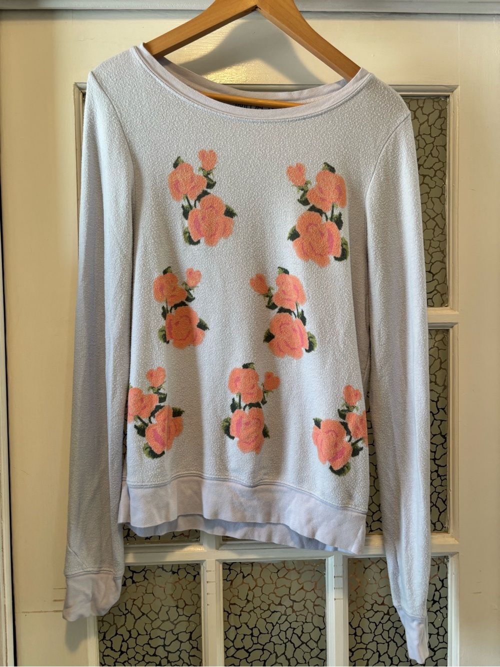 Light Gray Crewneck Sweater with Pink Floral Roses